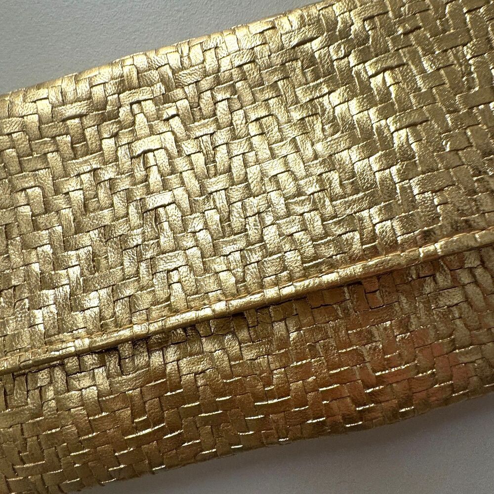 Gold Woven PU Vegan Leather Metallic Lined Convertible Clutch Removable Strap - Picture 3 of 10